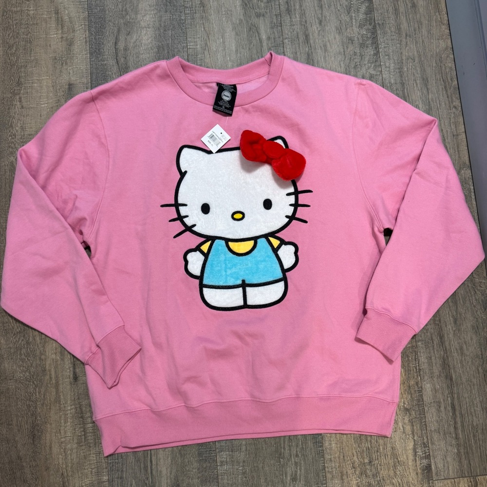 NWT Sanrio Hello Kitty 3D Bow Oversized Pink Crewneck Sweatshirt Plush Womens XL